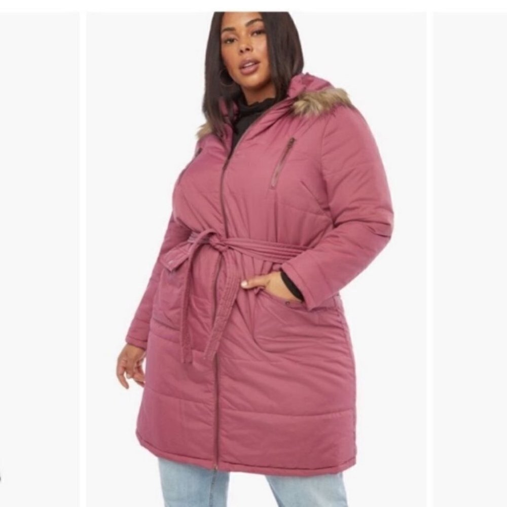 Barbiecore Pink long full zip hooded belted woman puffer jacket size M